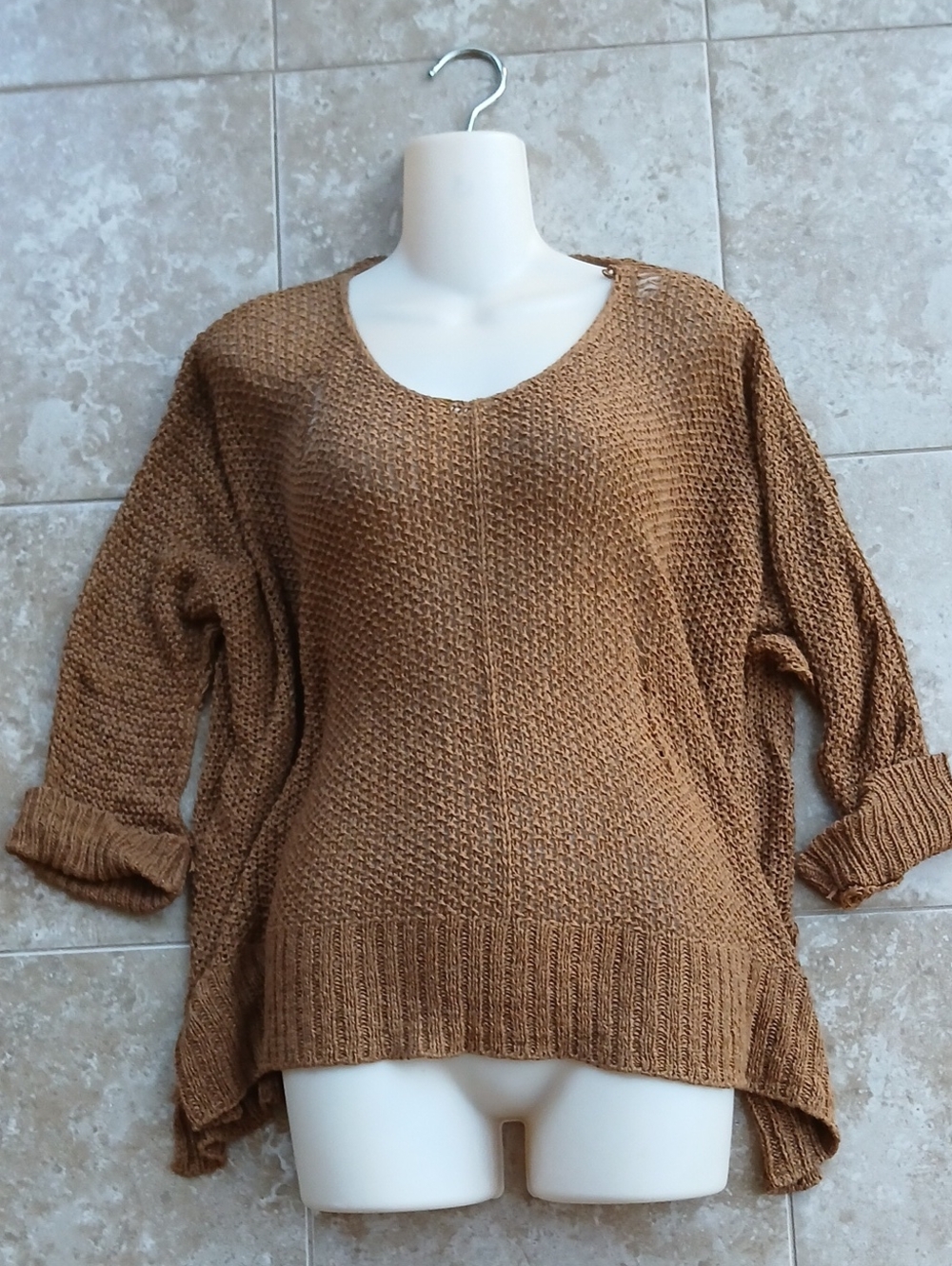 Wishlist Scoop Neck Distressed Knit Sweater in Mocha Brown